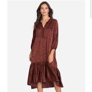Johnny Was rust Asteria 100% silk tiered midi dress romantic witchy goth